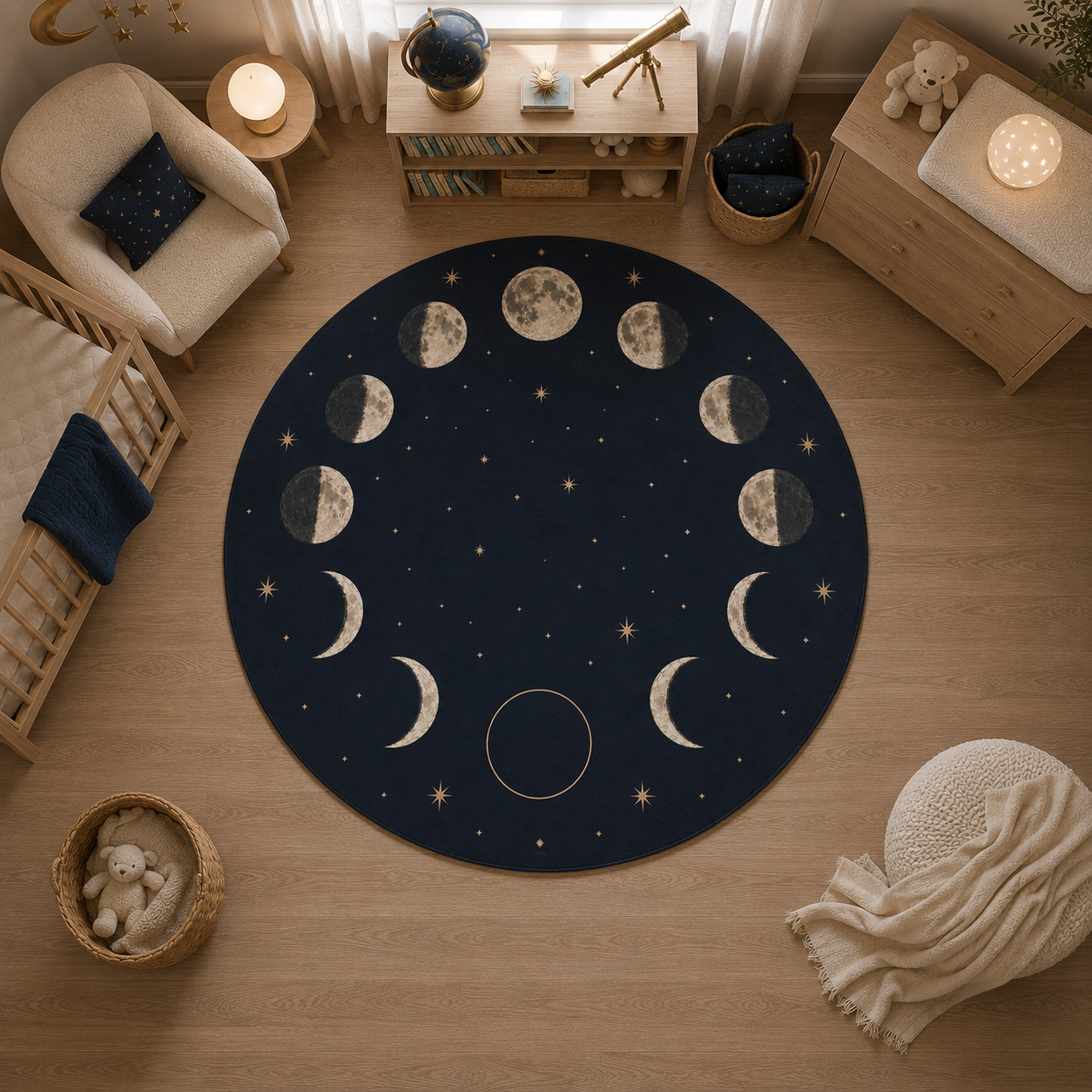 A round dark navy rug with a moon phase and star pattern, styled in a cozy children's bedroom with wooden floors and light wood furniture.