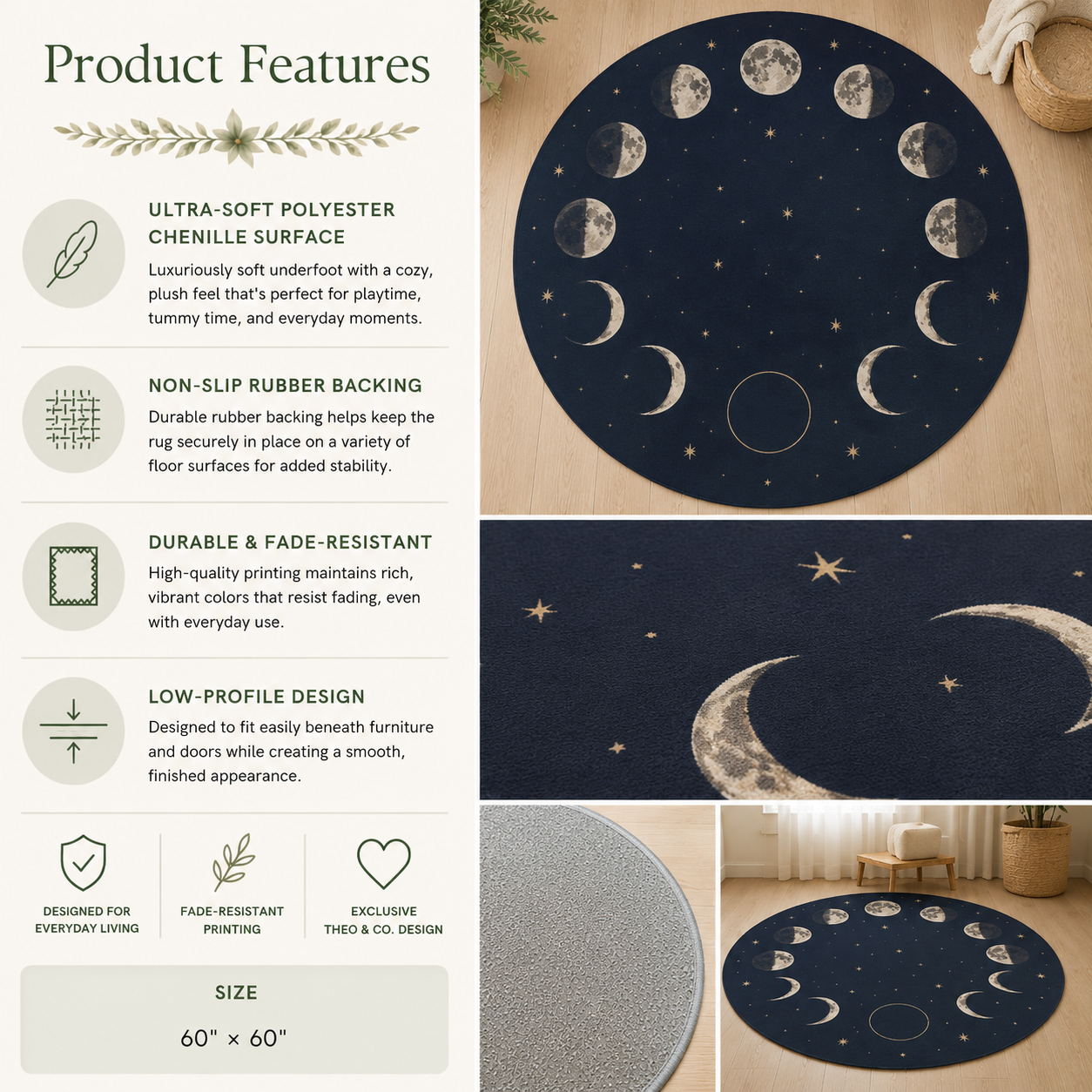 Product features infographic for a round navy blue nightstand rug with a moon phase and star pattern. The collage includes text callouts about ultra-soft polyester chenille surface, non-slip rubber backing, durable fade-resistant printing, and low-profile design, plus multiple product views showing the rug in use and a close-up of the pattern.