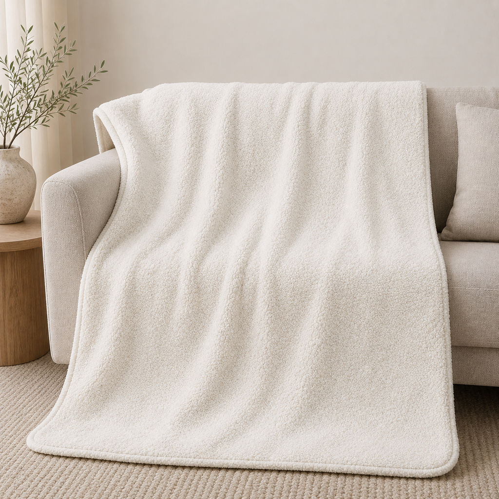 A soft cream-colored fleece throw blanket draped over a light beige sofa in a minimalist living room setting.