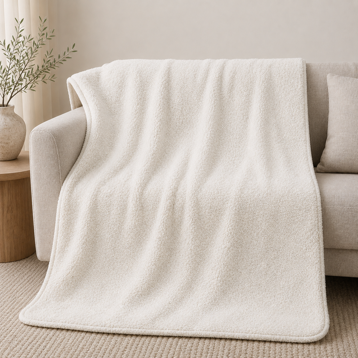 A soft cream-colored fleece throw blanket draped over a light beige sofa in a minimalist living room setting.