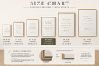 A size chart infographic for vertical framed canvas prints, showing multiple print dimensions from 8x10 to 32x48 inches, with text details, a floating frame profile diagram, and a sample framed print on a light beige background.