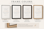 A framed art print set displayed in four color options: White, Black, Espresso, and Natural. The prints feature a minimalist design with a quote from Romans 8:15 in a light gold script on a white background, surrounded by thin black, dark brown, and natural wood frames.
