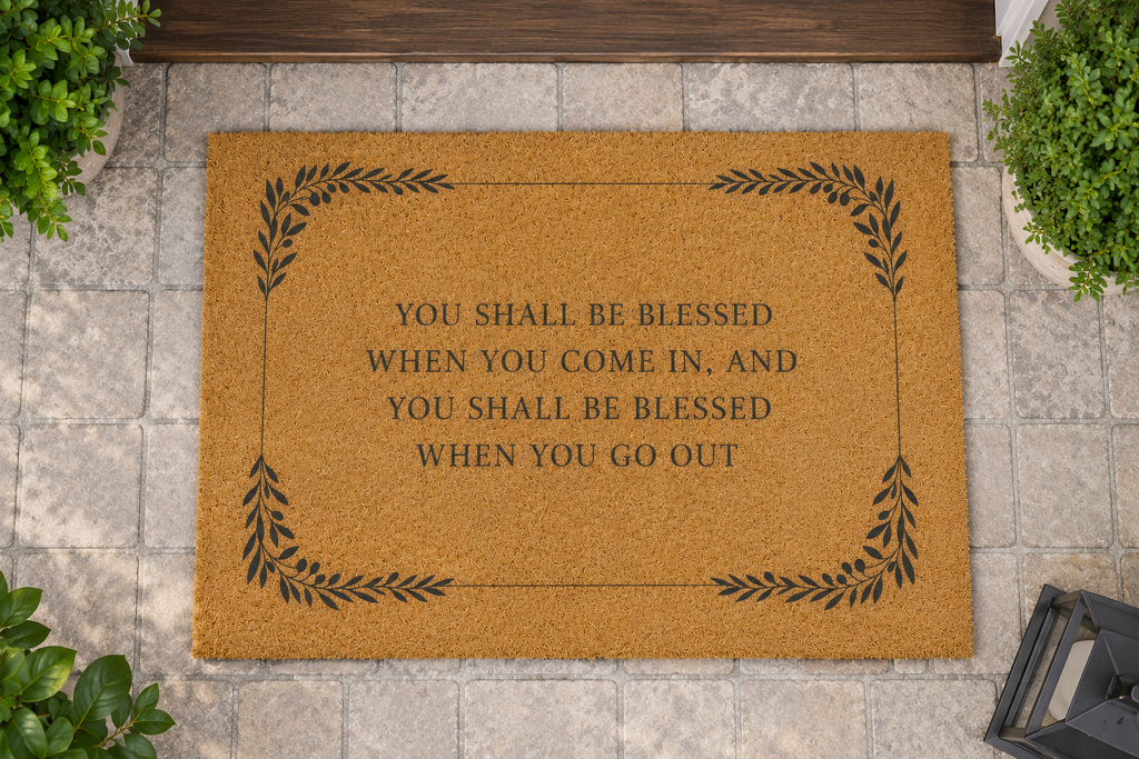 A natural coir doormat with a black printed decorative border and the phrase 'YOU SHALL BE BLESSED WHEN YOU COME IN, AND YOU SHALL BE BLESSED WHEN YOU GO OUT' placed on a stone walkway near plants.