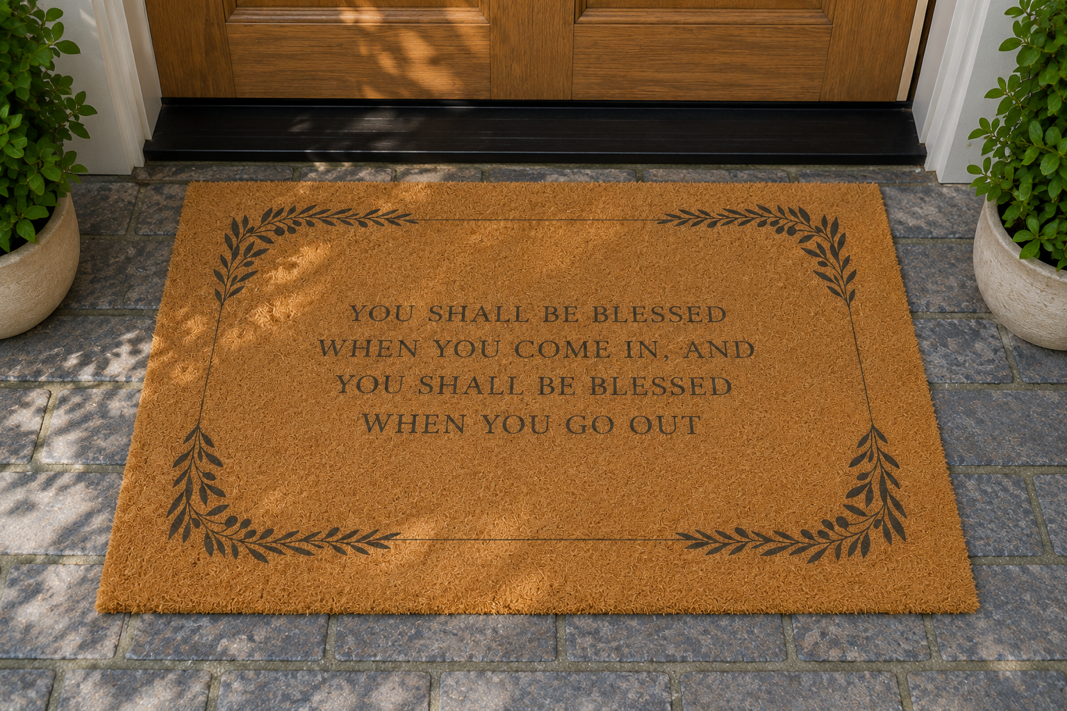 A natural coir doormat with black printed text and decorative leaf borders, placed in front of a wooden door on a stone walkway with potted plants on both sides.