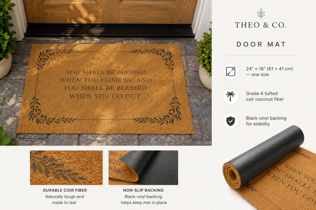 Theo & Co. branded door mat shown in a front-facing product layout with feature callouts on the right and detail insets at the bottom.