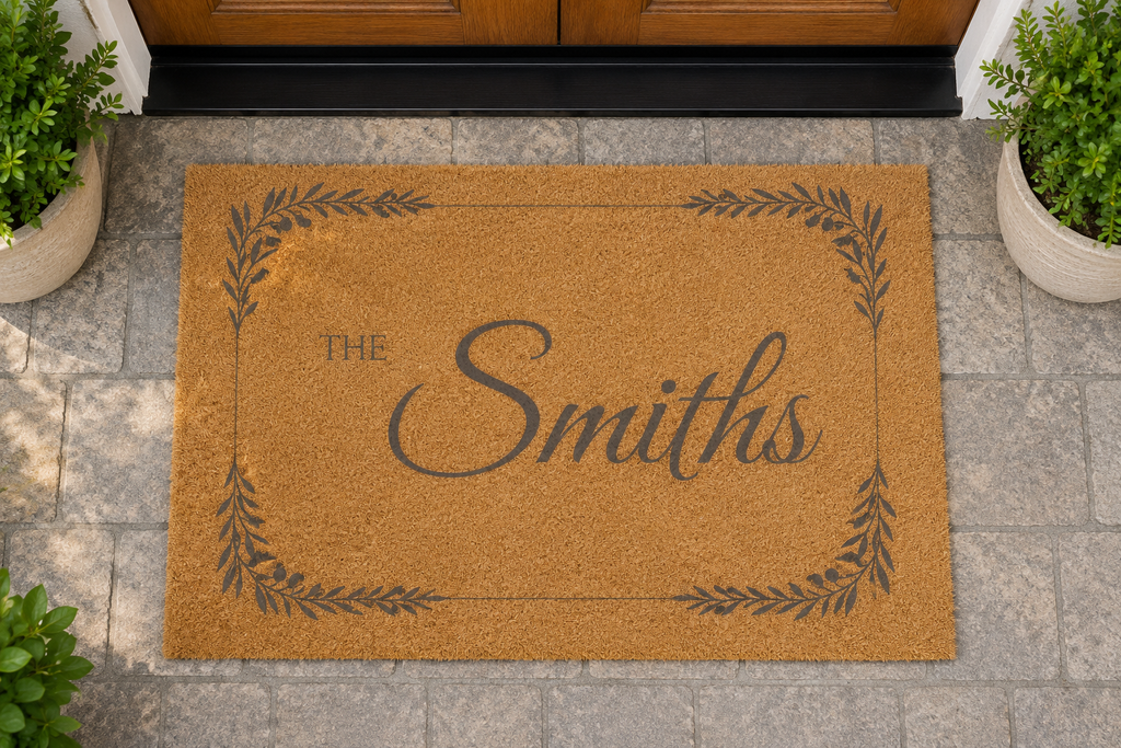 A personalized tan coir doormat with a dark brown leaf border and the text 'THE Smiths' in script, placed on a stone paver entryway in front of a wooden door with potted plants on either side.