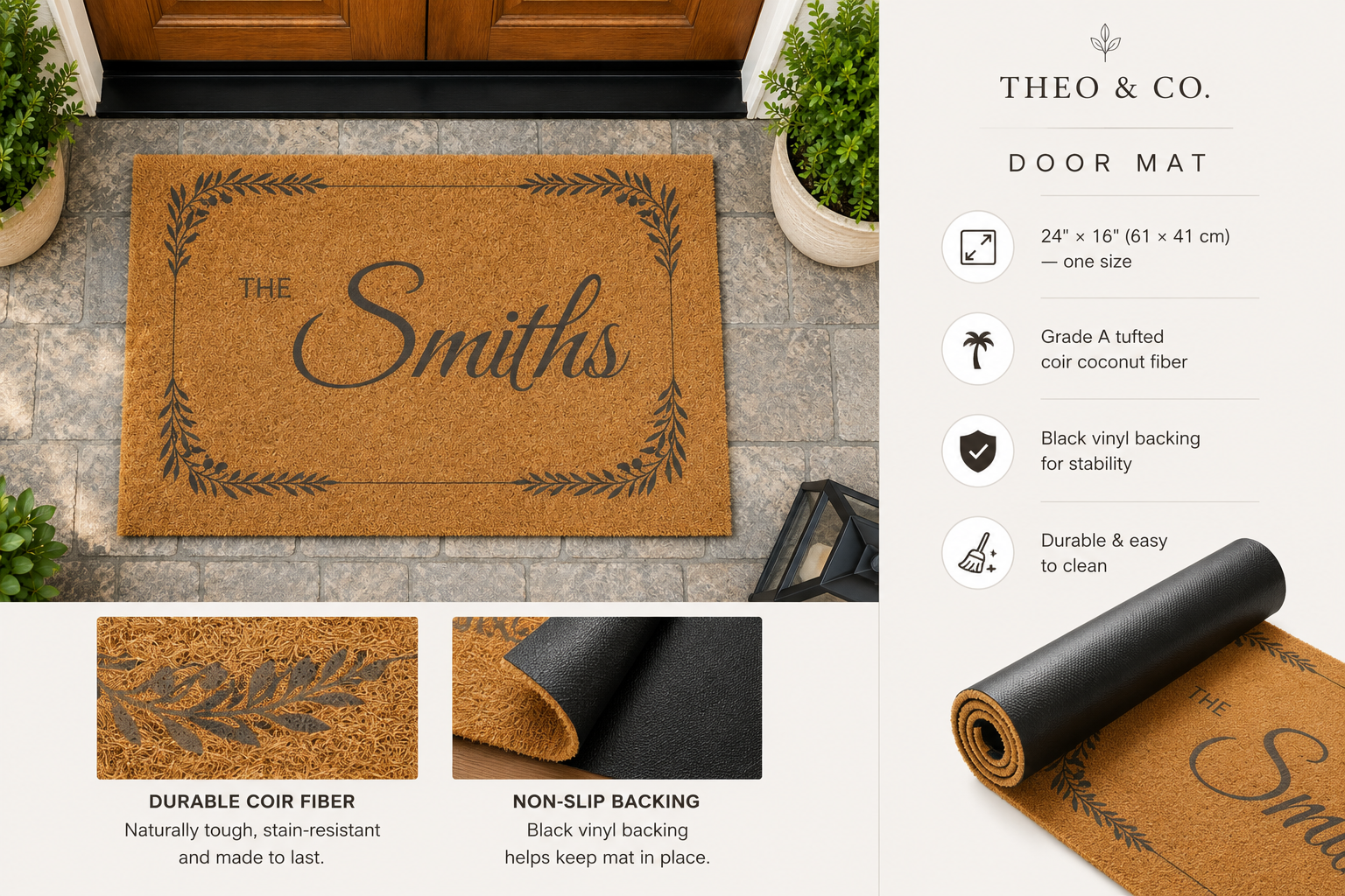A personalized coir doormat with 'THE Smiths' text and leafy border, displayed in front of a wooden door. The image includes feature callouts on the right and detail insets at the bottom, all branded as Theo & Co.