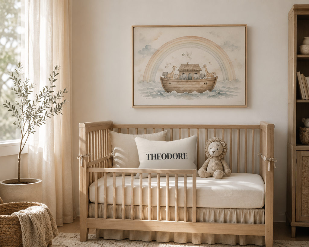 A light natural wood crib with a matching mattress and ruffled skirt, styled with a white pillow reading 'THEODORE' and a plush lion toy. The crib is set in a warm, neutral nursery next to a window with sheer curtains, a potted plant, and a framed Noah's Ark painting on the wall.