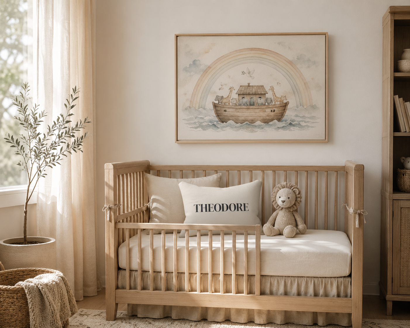 A light natural wood crib with a matching mattress and ruffled skirt, styled with a white pillow reading 'THEODORE' and a plush lion toy. The crib is set in a warm, neutral nursery next to a window with sheer curtains, a potted plant, and a framed Noah's Ark painting on the wall.