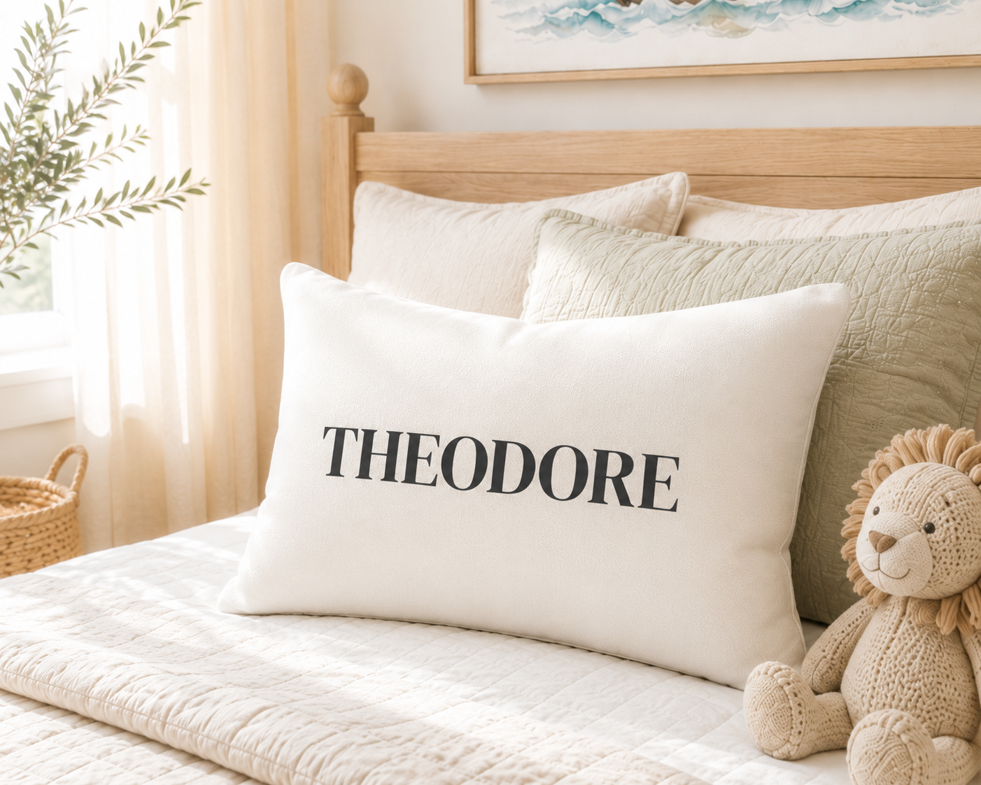 A cream-colored rectangular throw pillow with the name 'THEODORE' printed in black serif letters, styled on a bed with a wooden headboard, neutral pillows, a teddy bear, and soft natural light.