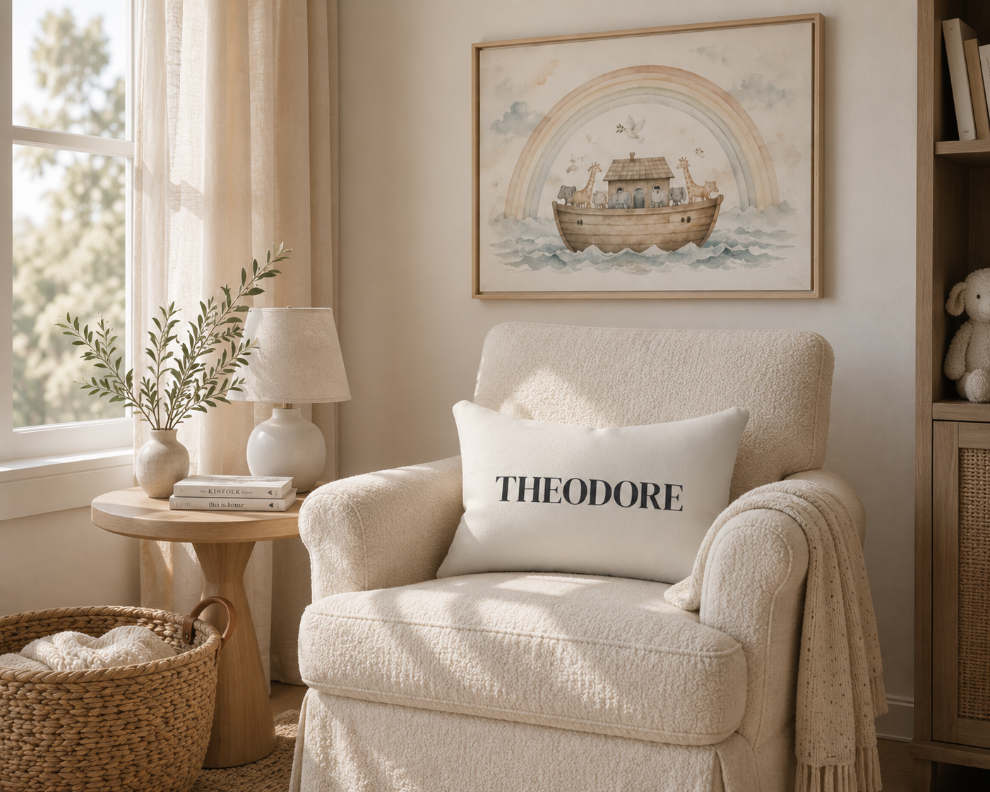 A cream-colored armchair in a softly lit room, featuring a white throw pillow with the name 'THEODORE' printed in black serif letters. Above the chair hangs a framed watercolor painting of Noah's Ark under a rainbow.