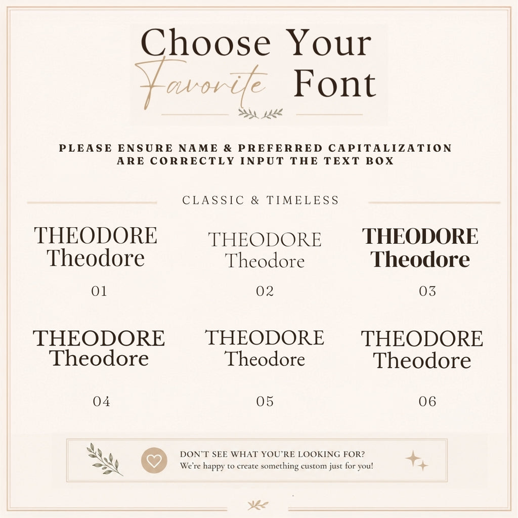 A digital graphic showing six font style options labeled 'THEODORE' in different typographic treatments, with the heading 'Choose Your Favorite Font' and explanatory text on a light beige background.