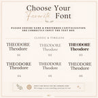 A digital graphic showing six font style options labeled 'THEODORE' in different typographic treatments, with the heading 'Choose Your Favorite Font' and explanatory text on a light beige background.