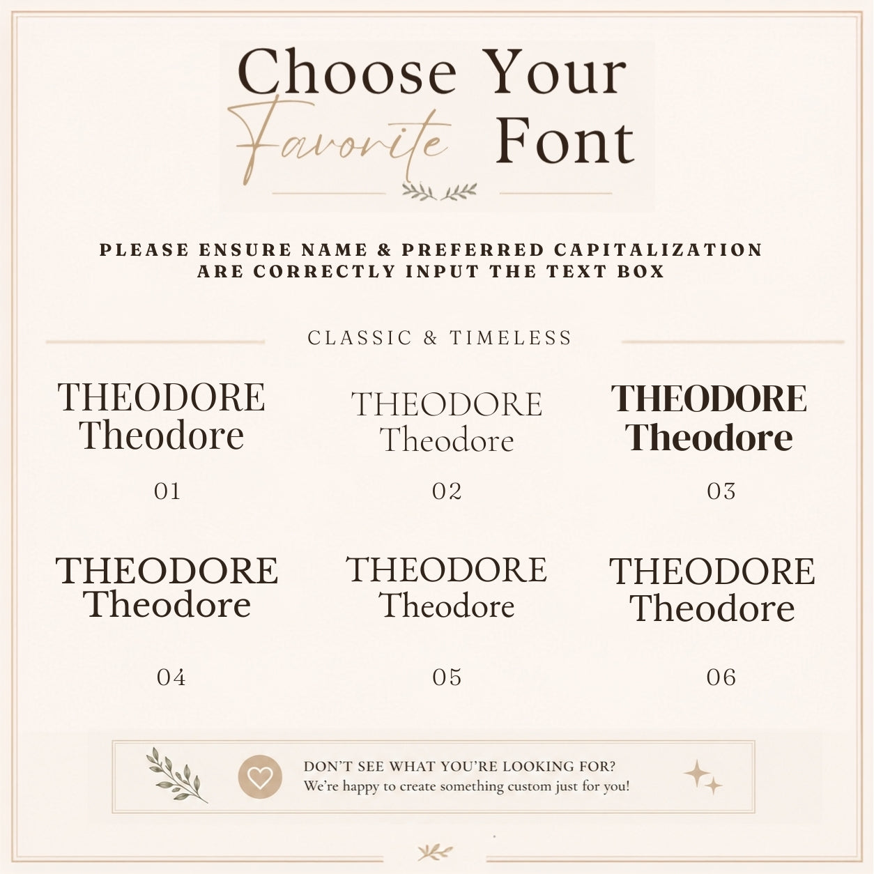 A digital graphic showing six font style options labeled 'THEODORE' in different typographic treatments, with the heading 'Choose Your Favorite Font' and explanatory text on a light beige background.