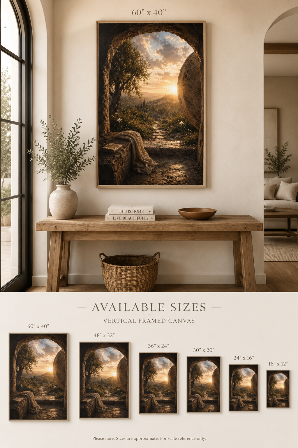 A framed vertical canvas print of a scenic landscape with an archway and golden sunset, shown hanging in a styled interior above a wooden console table. The image also includes a size guide at the bottom showing available framed sizes.