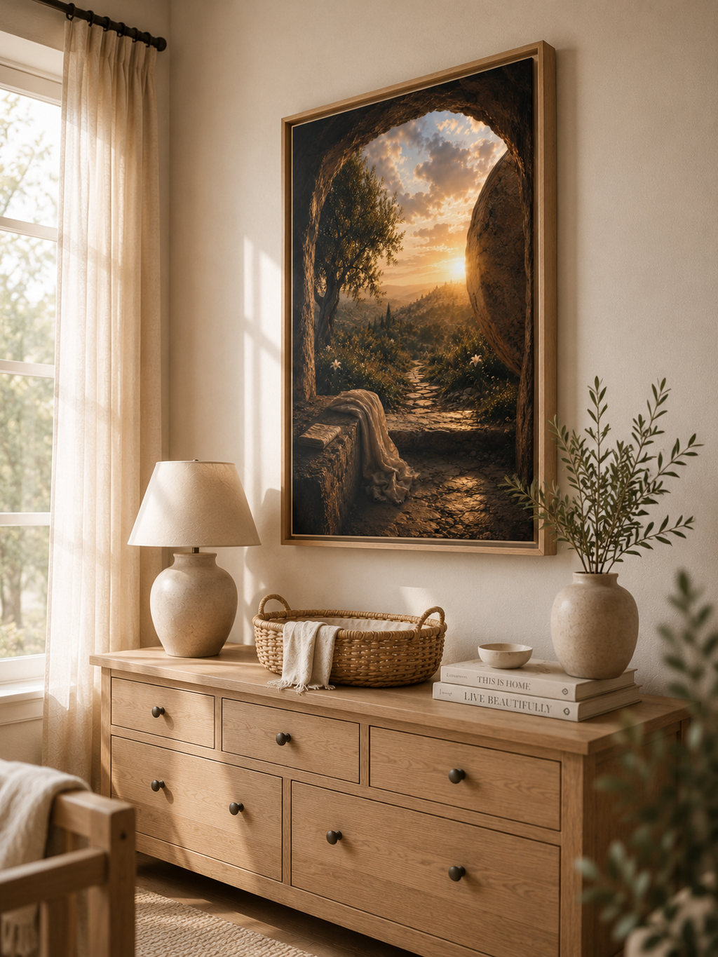 A framed landscape art print depicting a sunset over a river canyon, styled in a warm, rustic room above a wooden dresser with a lamp and decorative plants.