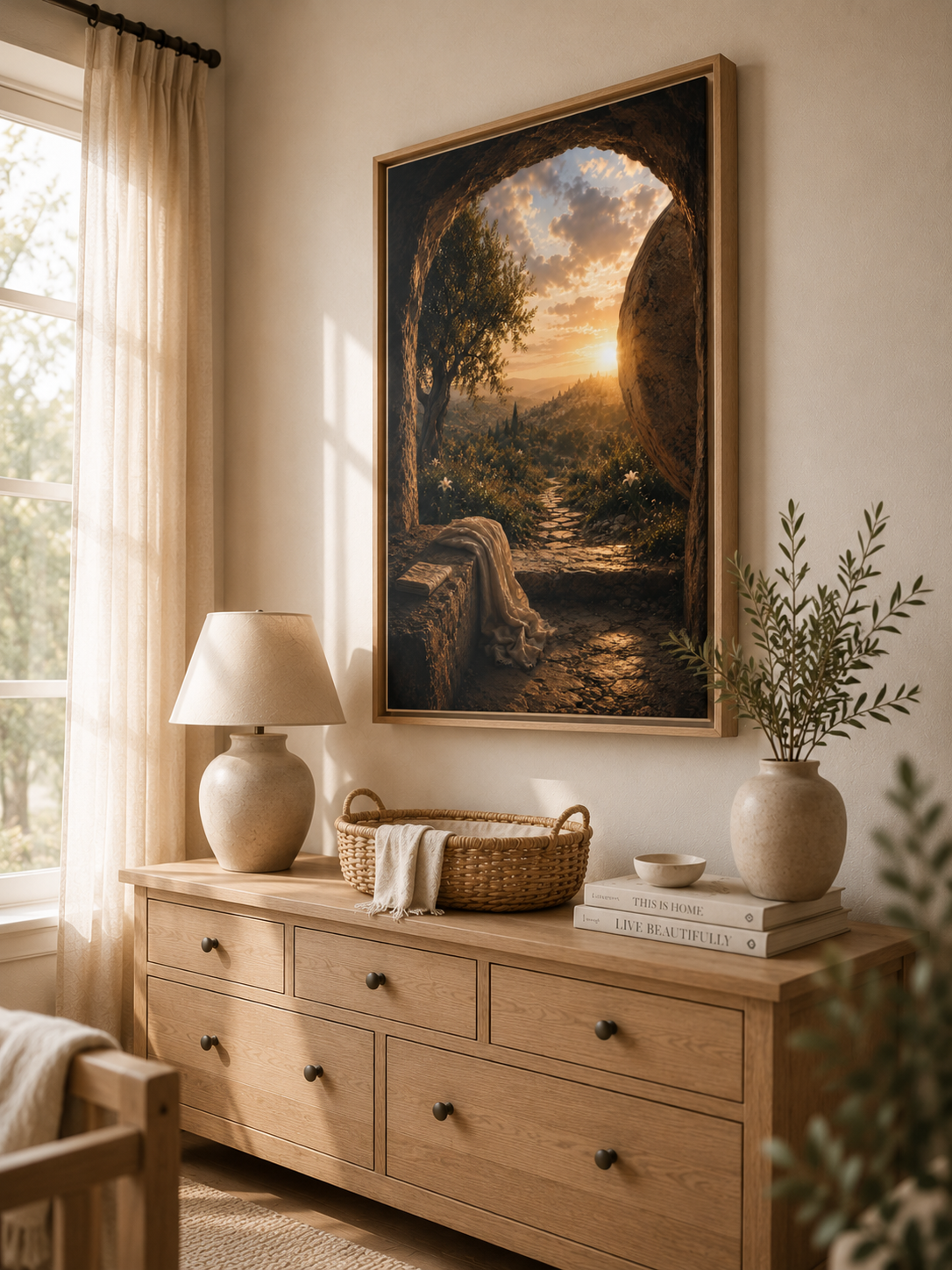 A framed landscape art print depicting a sunset over a river canyon, styled in a warm, rustic room above a wooden dresser with a lamp and decorative plants.