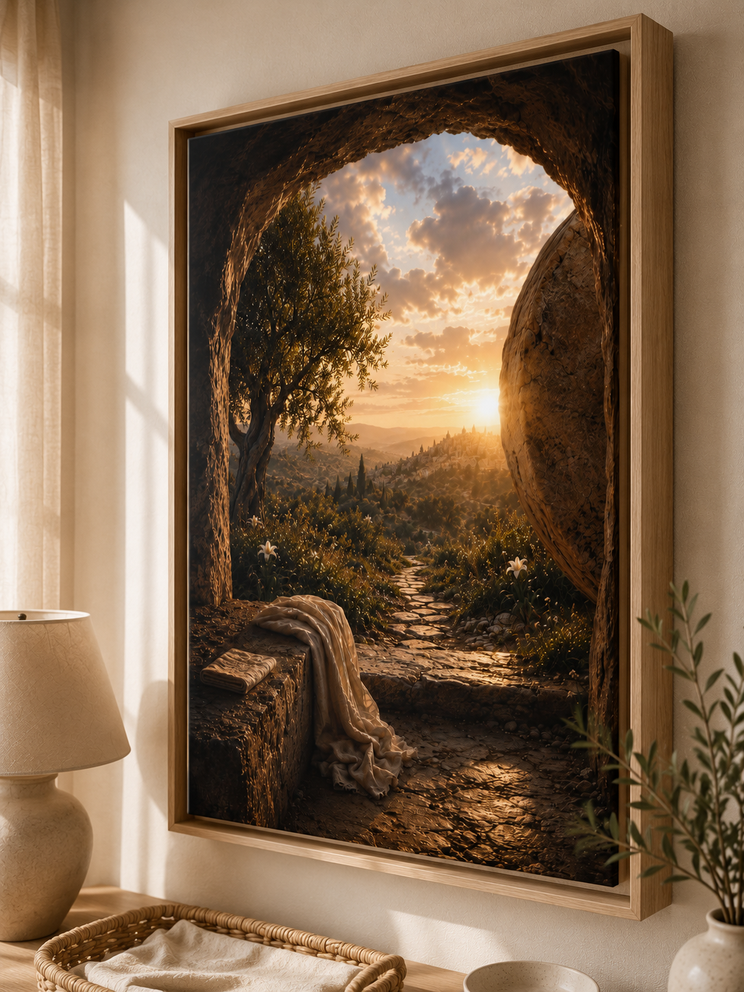 A framed landscape art print depicting a sunset scene viewed through a stone archway, styled on a beige wall above a table with a lamp and decorative plants.