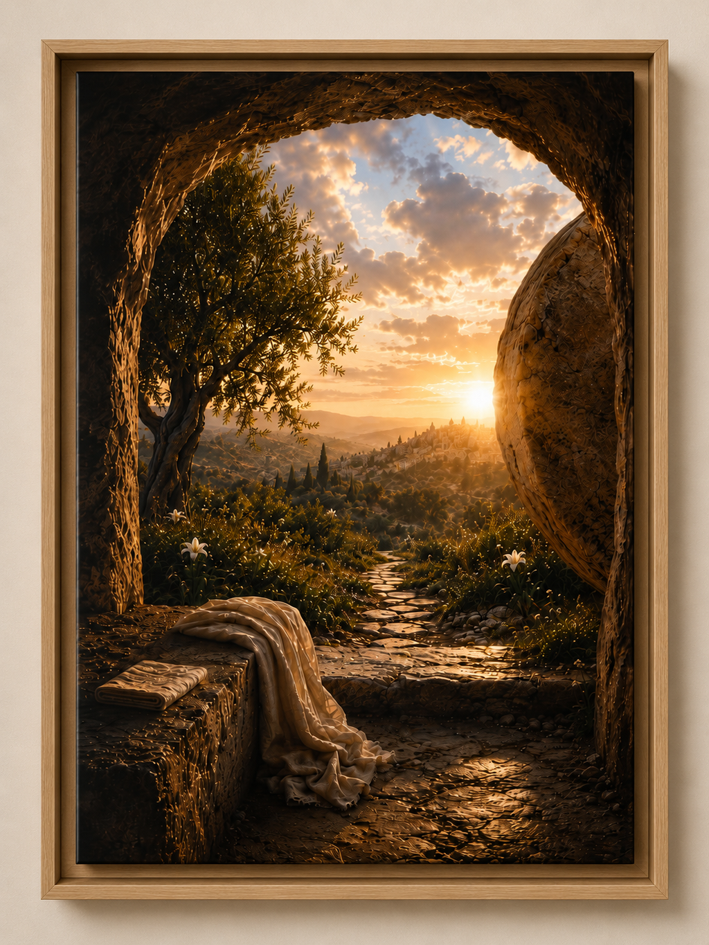 A framed art print depicting a scenic landscape with a stone archway framing a sunset over rolling hills, a tree, and a draped cloth in the foreground, shown against a light beige wall.