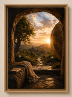 A framed art print depicting a scenic landscape with a stone archway framing a sunset over rolling hills, a tree, and a draped cloth in the foreground, shown against a light beige wall.