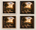 Four framed landscape art prints arranged in a 2x2 grid on a light beige background, labeled White, Black, Natural, and Espresso. Each print shows a warm sunset scene viewed through an archway with trees, a river, and glowing sunbeams.