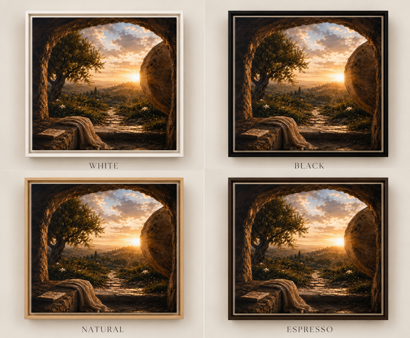 Four framed landscape art prints arranged in a 2x2 grid on a light beige background, labeled White, Black, Natural, and Espresso. Each print shows a warm sunset scene viewed through an archway with trees, a river, and glowing sunbeams.