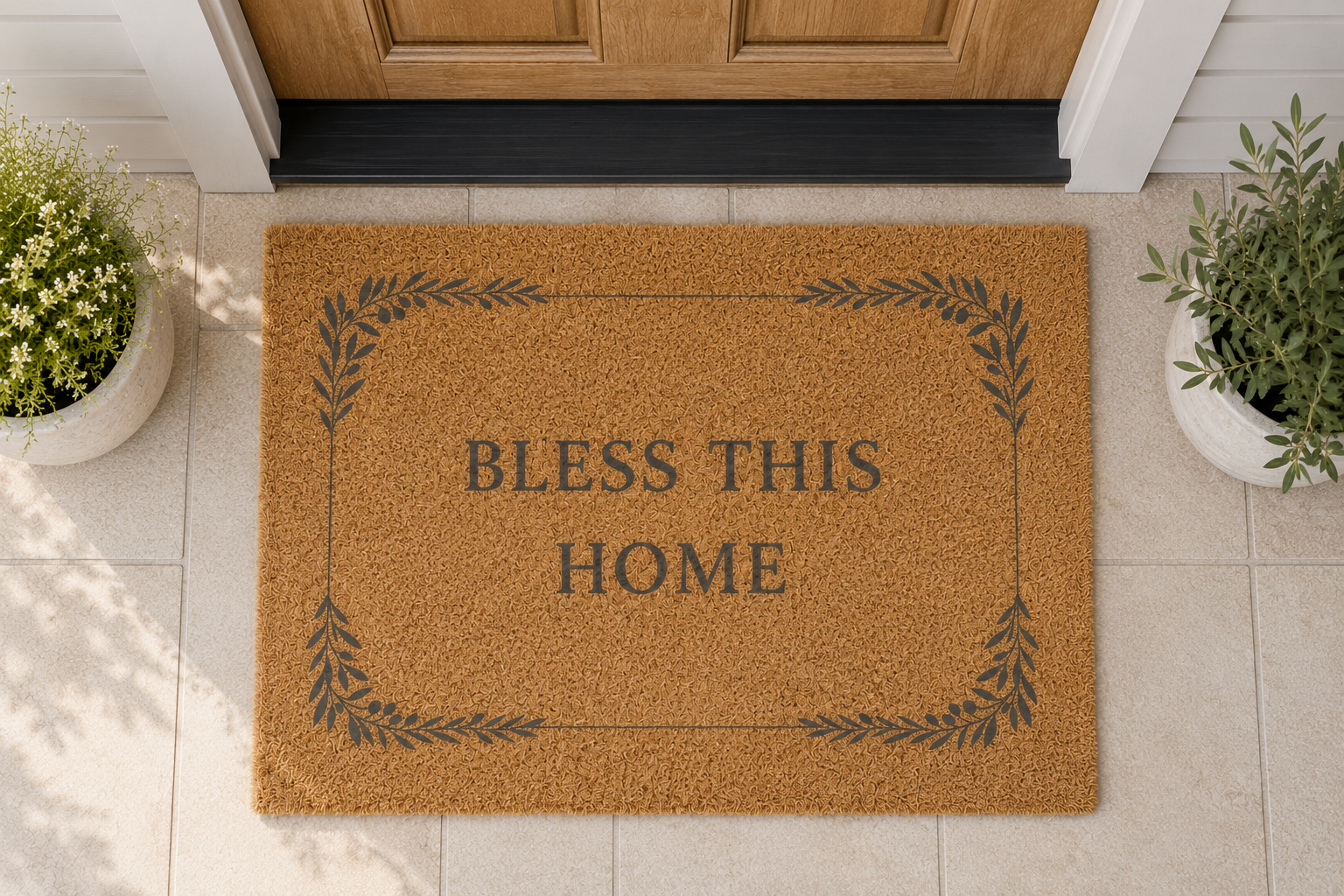 A natural coir doormat with the words 'BLESS THIS HOME' and a decorative leaf border, placed in front of a wooden front door on a tiled entryway floor, with potted plants on both sides.