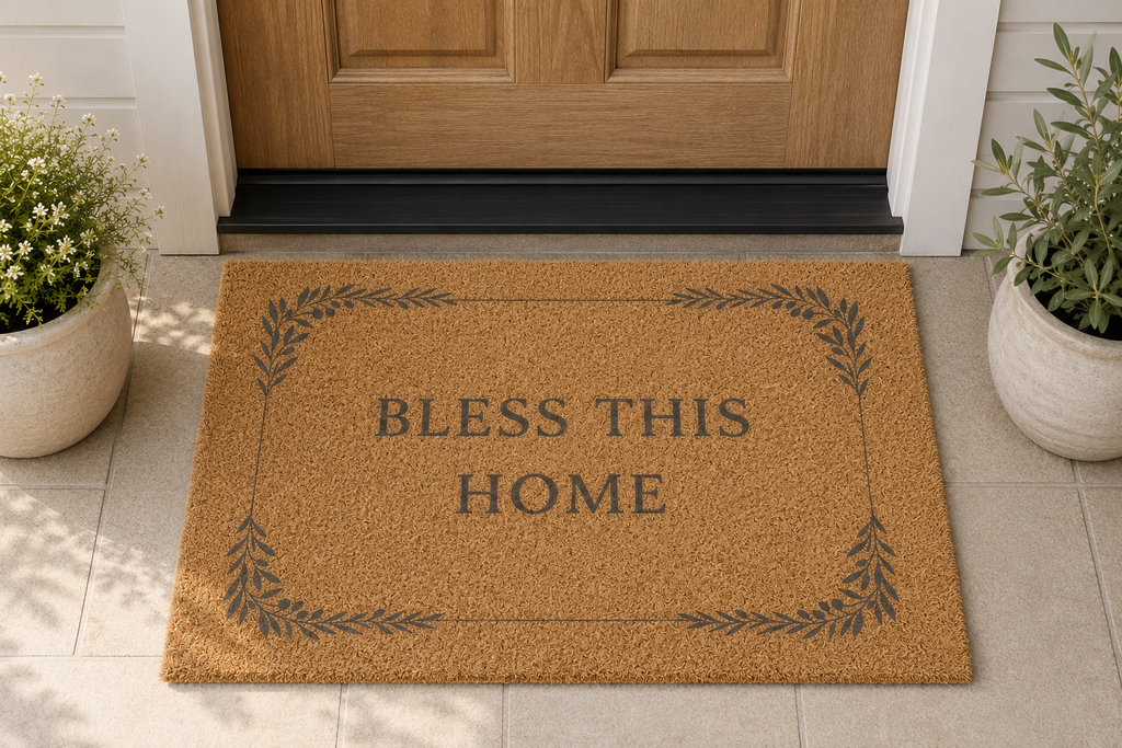 A rectangular coir doormat with the words 'BLESS THIS HOME' and a leafy border, placed in front of a wooden front door on a tiled entryway floor, with potted plants on both sides.