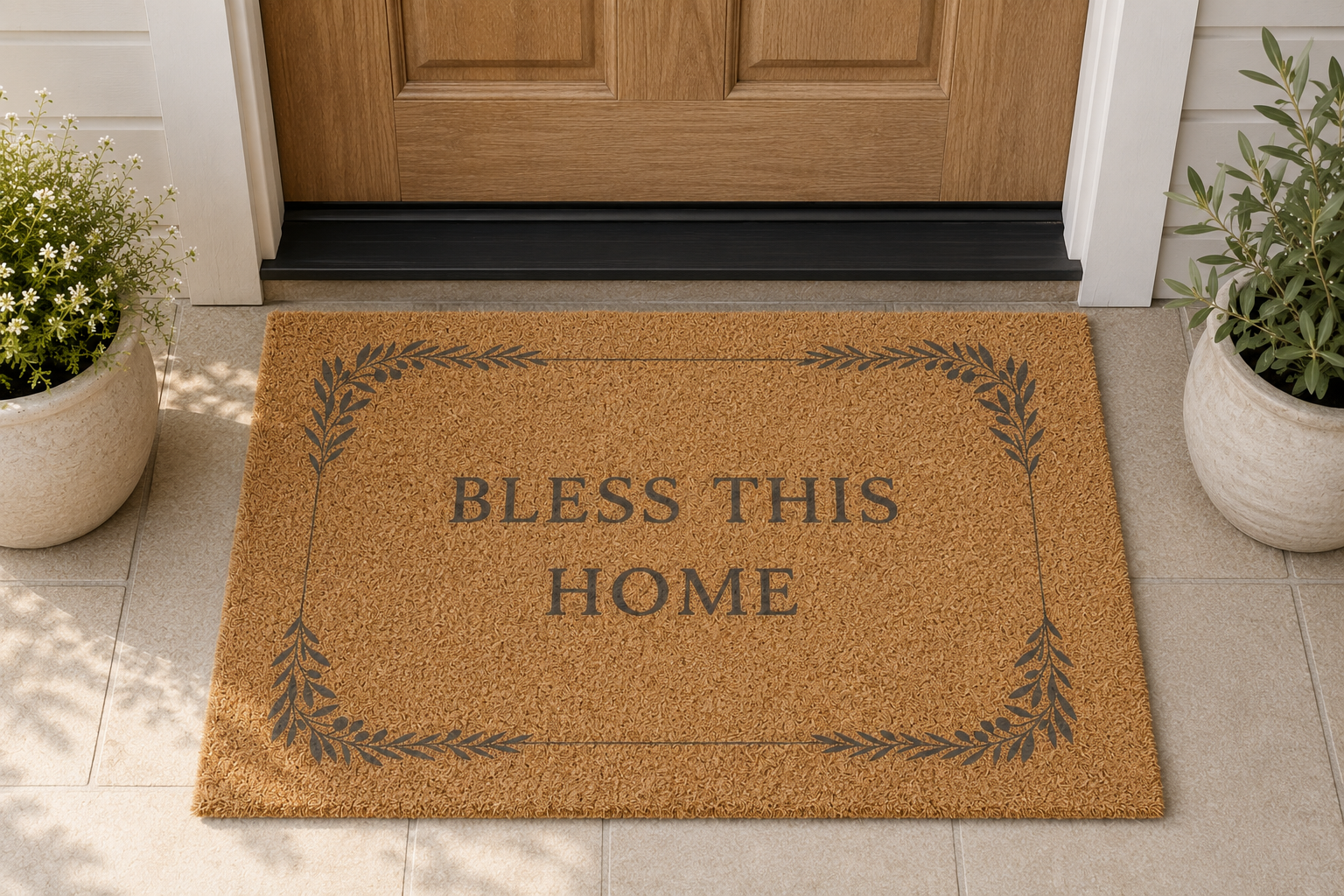 A rectangular coir doormat with the words 'BLESS THIS HOME' and a leafy border, placed in front of a wooden front door on a tiled entryway floor, with potted plants on both sides.
