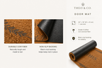 Theo & Co. door mat product graphic on a light beige background, showing two close-up texture/detail panels and a rolled mat with printed text.
