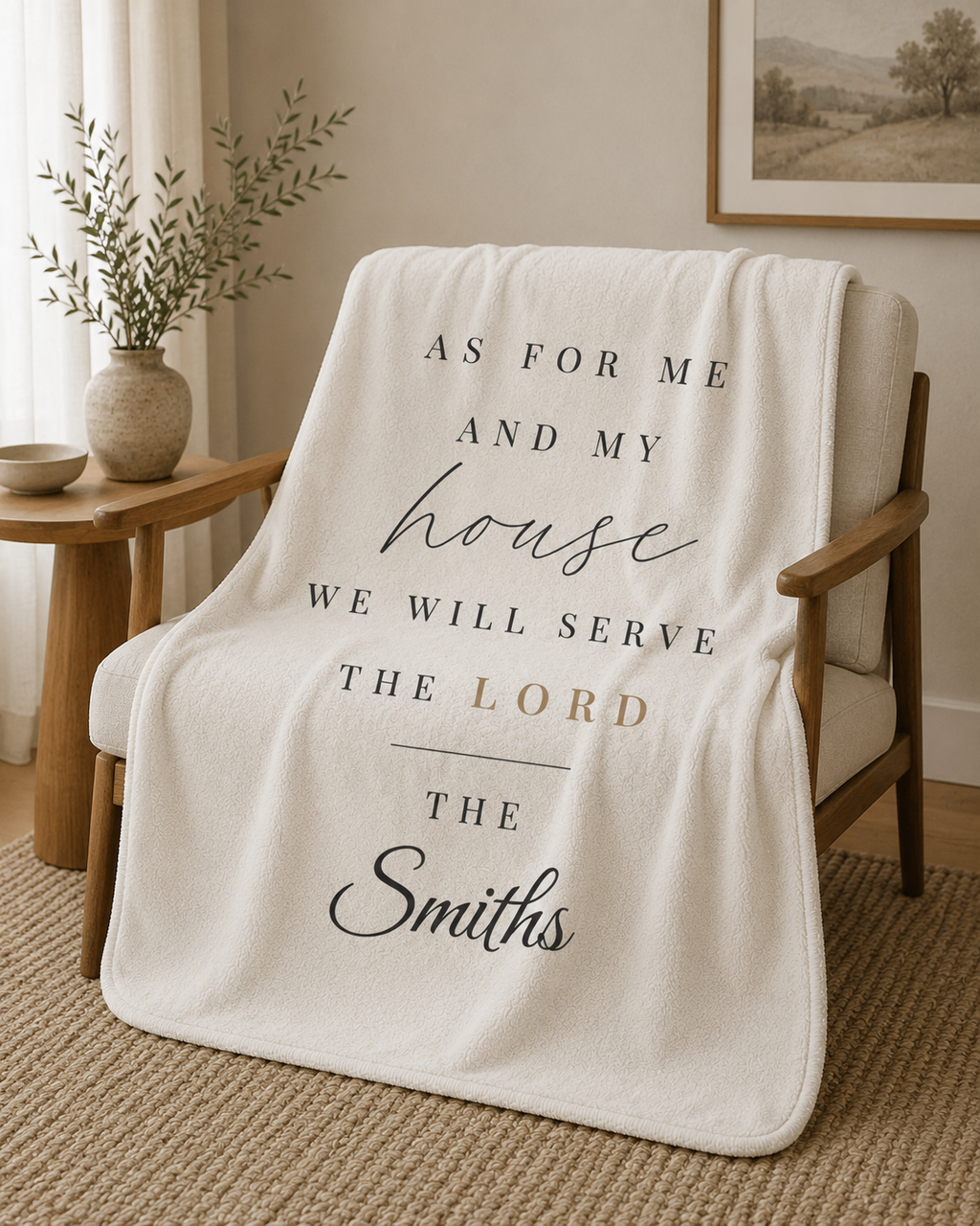 A cream-colored fleece throw blanket draped over a wooden armchair in a cozy living room setting. The blanket features printed text that reads 'AS FOR ME AND MY house WE WILL SERVE THE LORD' and 'THE Smiths' in black and muted gold lettering.