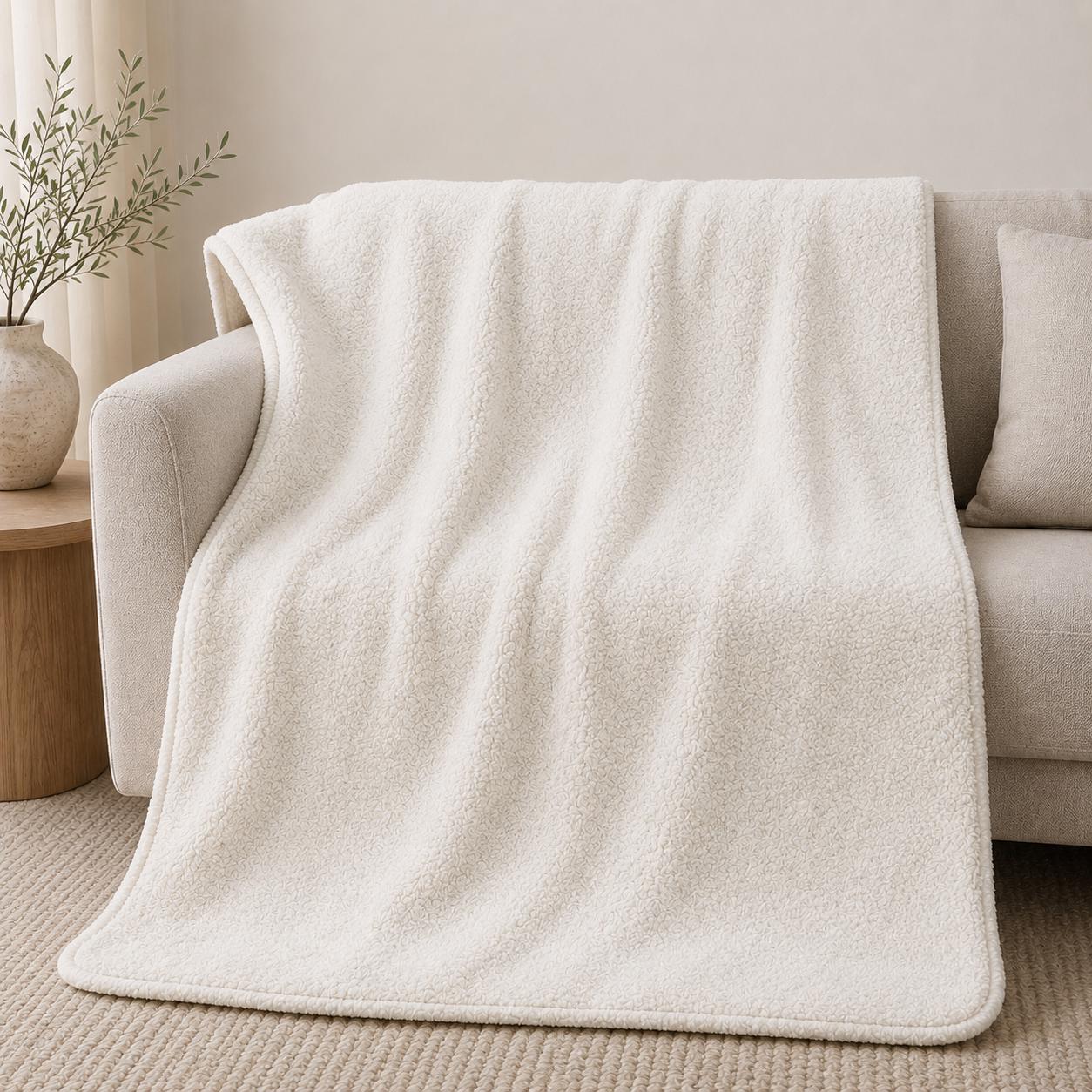 A soft cream-colored fleece throw blanket draped over a light beige sofa in a minimalist living room setting.