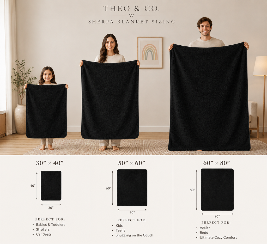 Theo & Co. Sherpa Blanket Sizing infographic showing three people holding up black blankets of different sizes (30" x 40", 50" x 60", and 60" x 80") in a living room setting, with dimension diagrams below.
