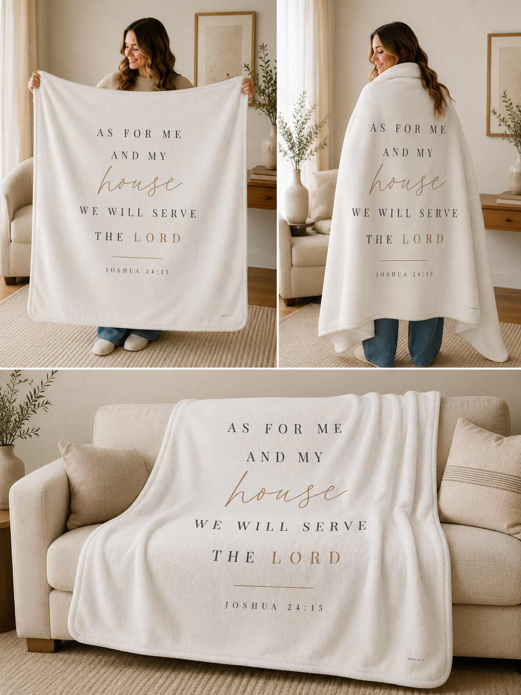 A three-panel collage showing a white blanket with a printed Bible verse in black and rose-gold lettering. The top-left panel shows a woman holding the blanket in a living room.