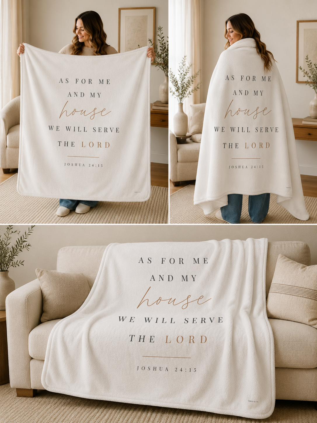 A three-panel collage showing a white blanket with a printed Bible verse in black and rose-gold lettering. The top-left panel shows a woman holding the blanket in a living room.