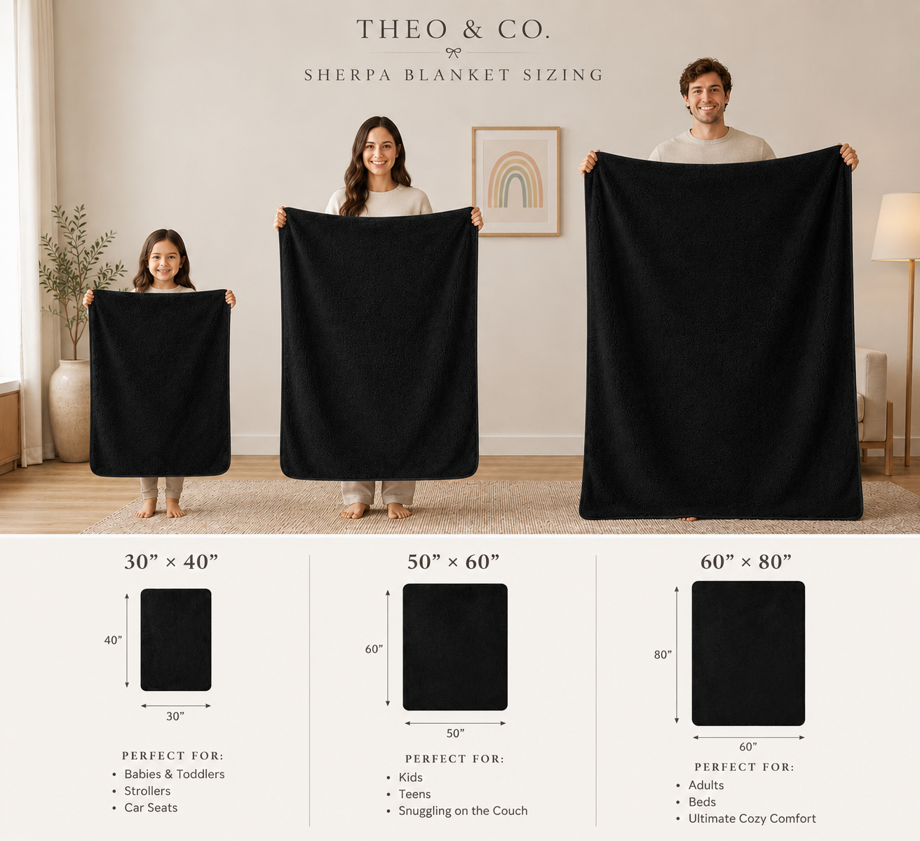 Theo & Co. Sherpa Blanket Sizing infographic showing three people holding up black blankets of different sizes (30" x 40", 50" x 60", and 60" x 80") in a living room setting, with dimension diagrams below.