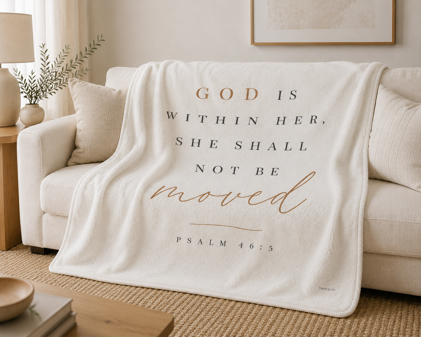 An off-white fleece throw blanket draped over a beige sofa in a bright, modern living room. The blanket features the Bible verse Psalm 46:5 printed in a warm brown font: 'GOD IS WITHIN HER, SHE SHALL NOT BE MOVED'.