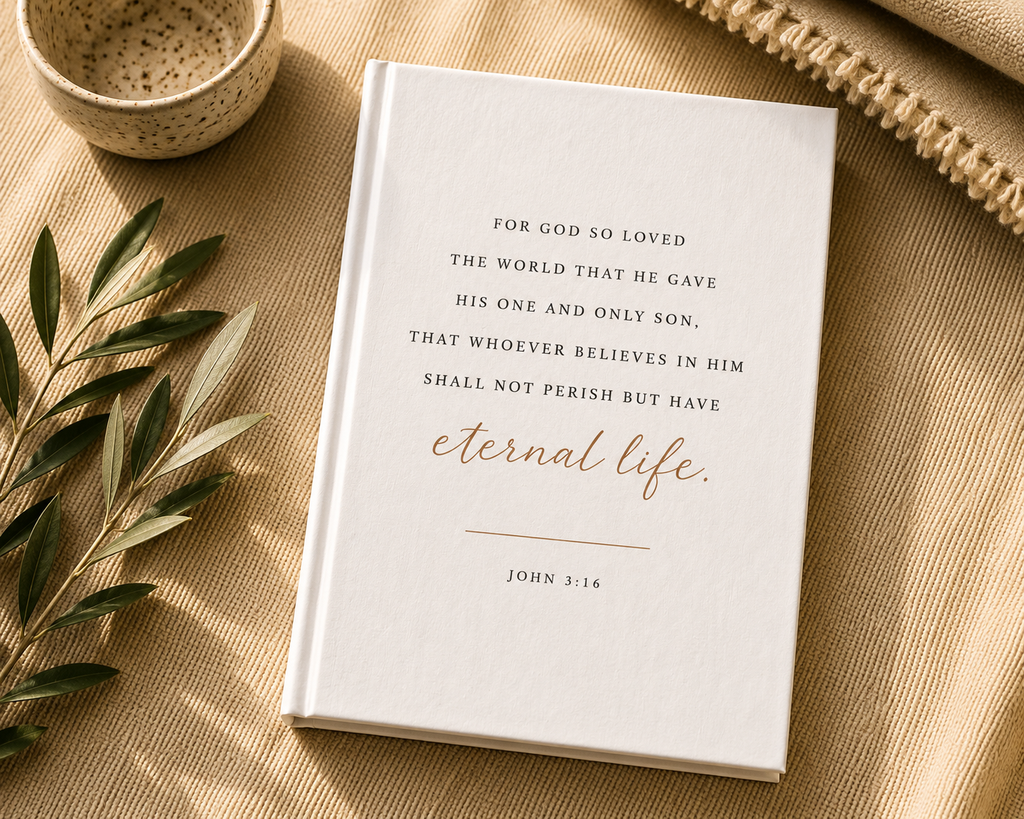 A white hardcover Bible book with elegant black and rose gold typography, styled in a flat-lay arrangement on a beige linen surface with a small ceramic bowl, olive branches, and a woven textile.