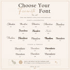 A digital graphic displaying options for custom font styles in a keepsake engraving service. The graphic is titled 'Choose Your Favorite Font' and shows various script and classic/handwritten versions of the name 'Theodore' labeled with numbers 01 through 19.