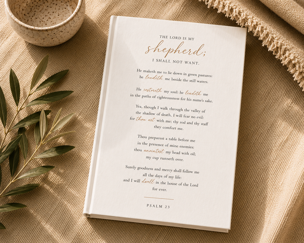 A Bible verse book displaying Psalm 23, 'The Lord is my shepherd, I shall not want,' printed in black and gold text on a cream-colored cover. The book is styled in a flat-lay arrangement on a beige linen fabric, accompanied by a small speckled ceramic bowl, a woven textile, and green leaves.
