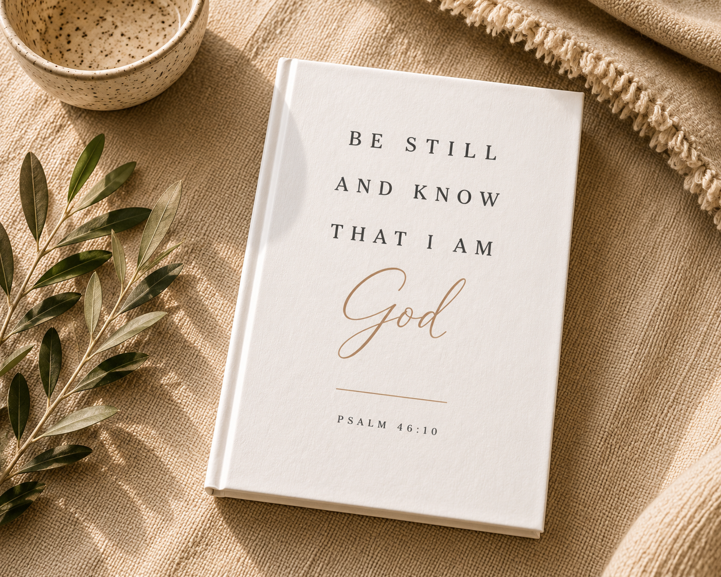 A white hardcover Bible with the words 'BE STILL AND KNOW THAT I AM God' and 'PSALM 46:10' printed on the cover, styled on a beige linen surface with a ceramic bowl, olive branch, and textured throw blanket.