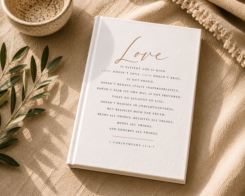 A white hardcover book titled 'Love' with elegant gold script and black scripture text, styled on a beige linen surface with a woven bowl, olive branch leaves, and a fringed textile.