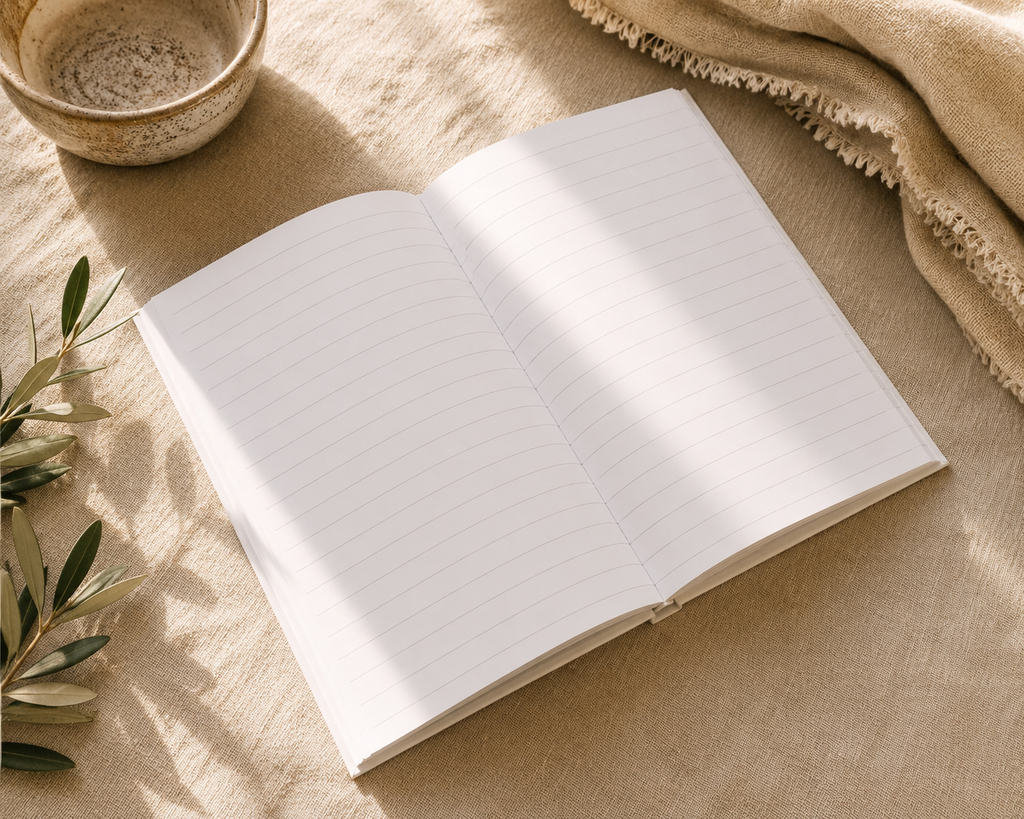 An open lined notebook or journal lies on a beige fabric surface with soft sunlight across the pages. A small ceramic bowl, olive branches, and a folded cream textile are arranged around it in a styled flat-lay setting.