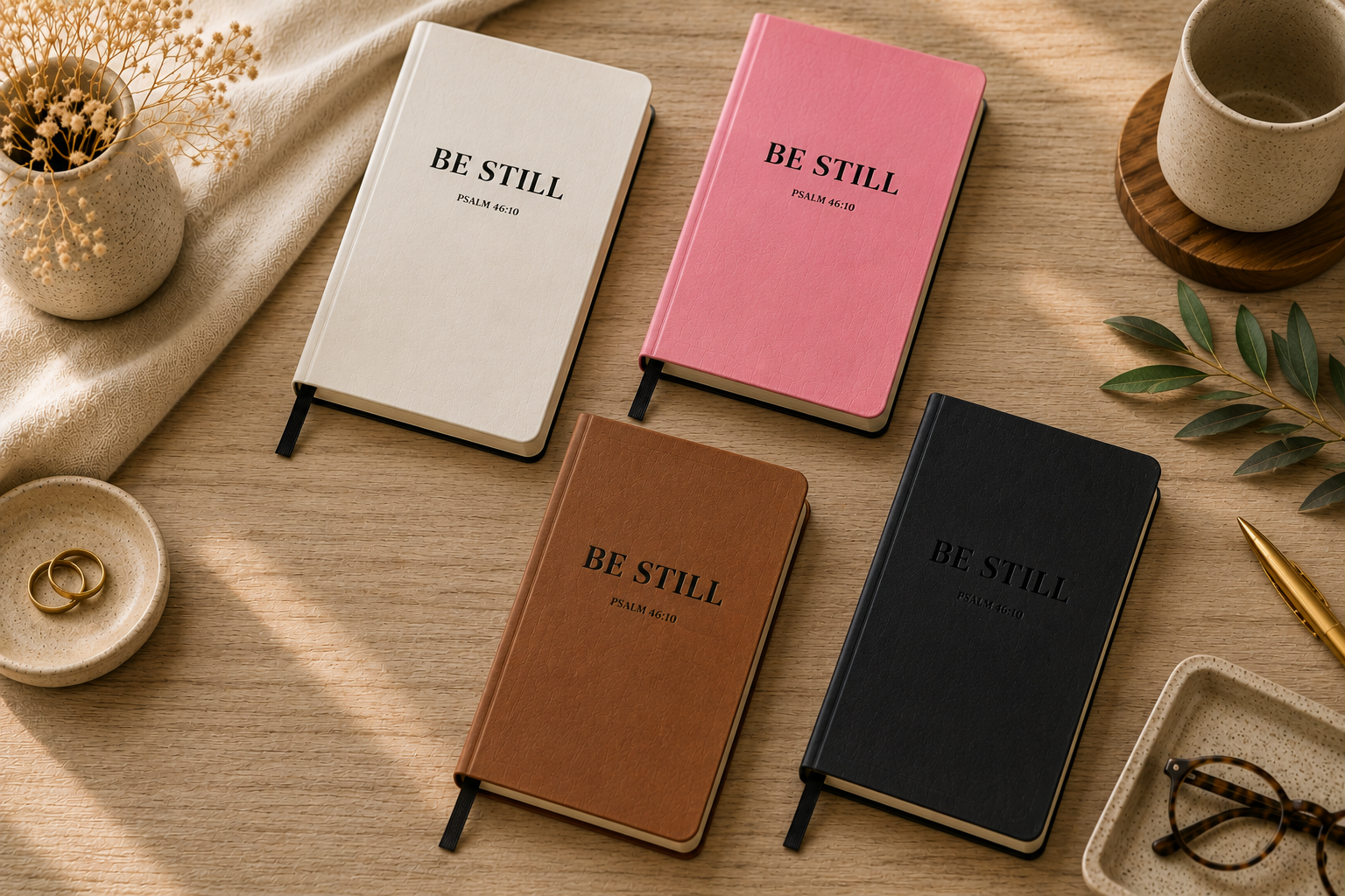 Four hardcover notebooks with black elastic bands are arranged on a wooden desk. The notebooks are in cream, pink, brown, and black, each embossed with the text 'BE STILL peace with'.