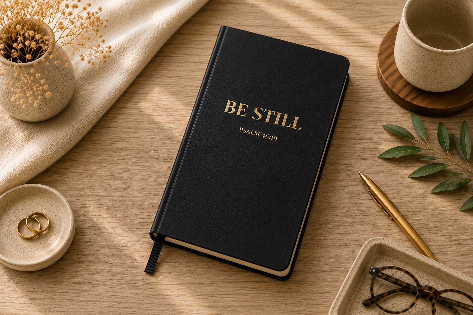 A black hardcover journal with gold lettering that reads 'BE STILL PSALM 46:10' lies on a light wood desk surrounded by styled props including a cup on a coaster, rings, glasses, a pen, dried flowers, and a small vase.