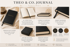 Theo & Co. Journal promotional infographic showing the journal in black faux leather with gold foil branding, alongside feature callouts for 112 lined pages, compact portable size, ribbon bookmark, faux leather cover, gift box, and engraving options on a beige textured background.