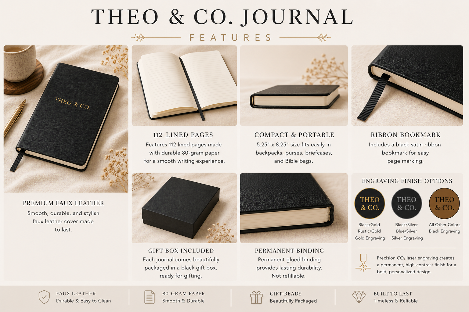 Theo & Co. Journal promotional infographic showing the journal in black faux leather with gold foil branding, alongside feature callouts for 112 lined pages, compact portable size, ribbon bookmark, faux leather cover, gift box, and engraving options on a beige textured background.