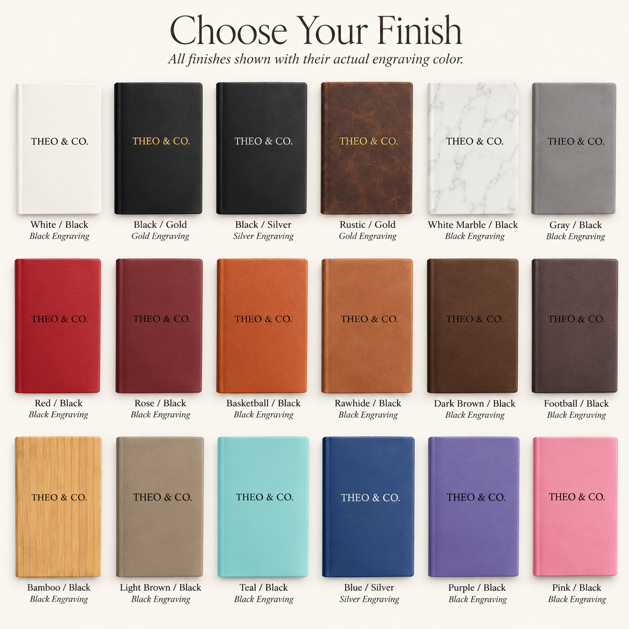 A finish chart showing 24 color and material swatches for THEO & CO. engraving, arranged in a grid with labels such as White, Black, Gold, Silver, Marble, Gray, Red, Rose, Basketball, Kawshild, Football, Bamboo, Light Brown, Tea, Blue, Purple, and Pink.