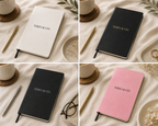 Four-panel flat-lay collage showing four hardcover notebooks with the text 'THEIO & CO.' on the cover, arranged on a cream fabric surface with pens, glasses, cups, and dried leaves.