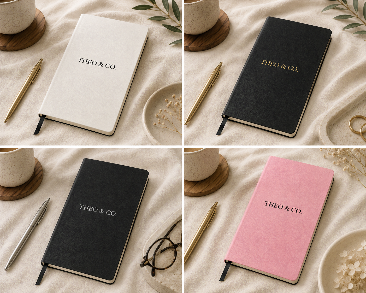Four-panel flat-lay collage showing four hardcover notebooks with the text 'THEIO & CO.' on the cover, arranged on a cream fabric surface with pens, glasses, cups, and dried leaves.